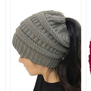 Red, Black, Ivory, or Gray Crochet Ponytail Beanie